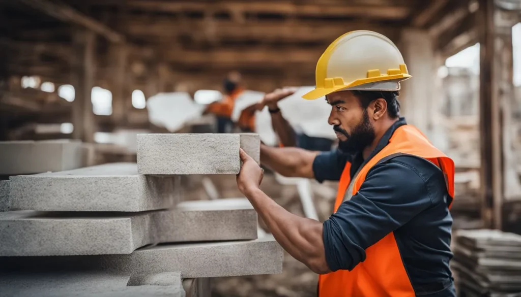 Construction worker holding RAAC block on building site; diverse, bustling atmosphere. What is RAAC?